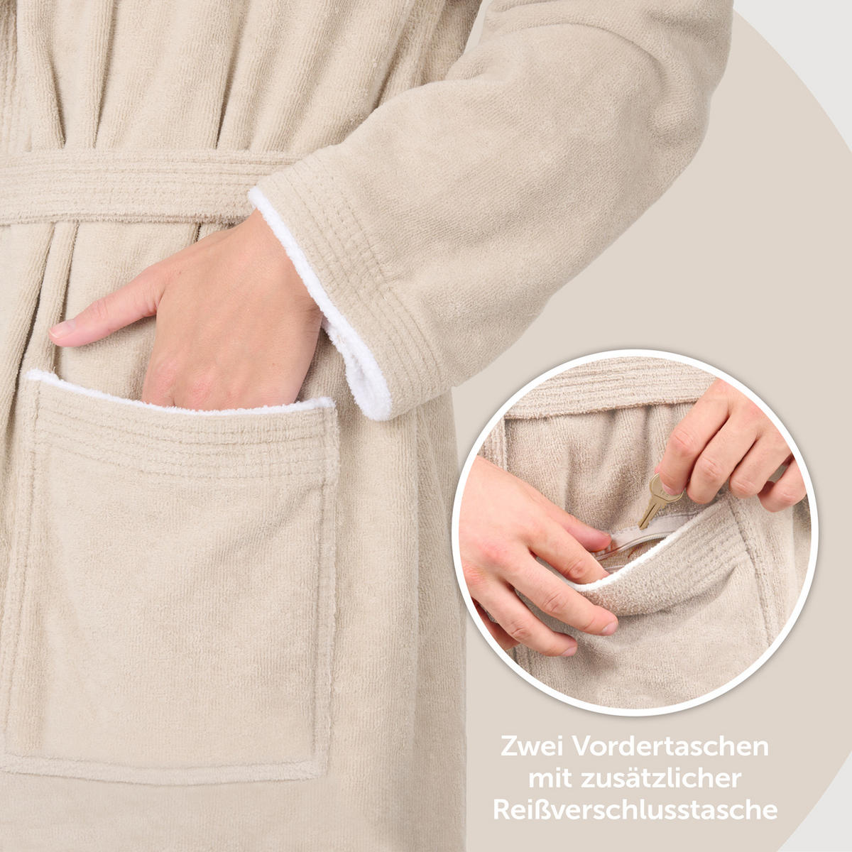 BADEMANTEL Cotton Ida: M, Taupe und Weiß - Beige, Textil (Mnull) - Blumtal