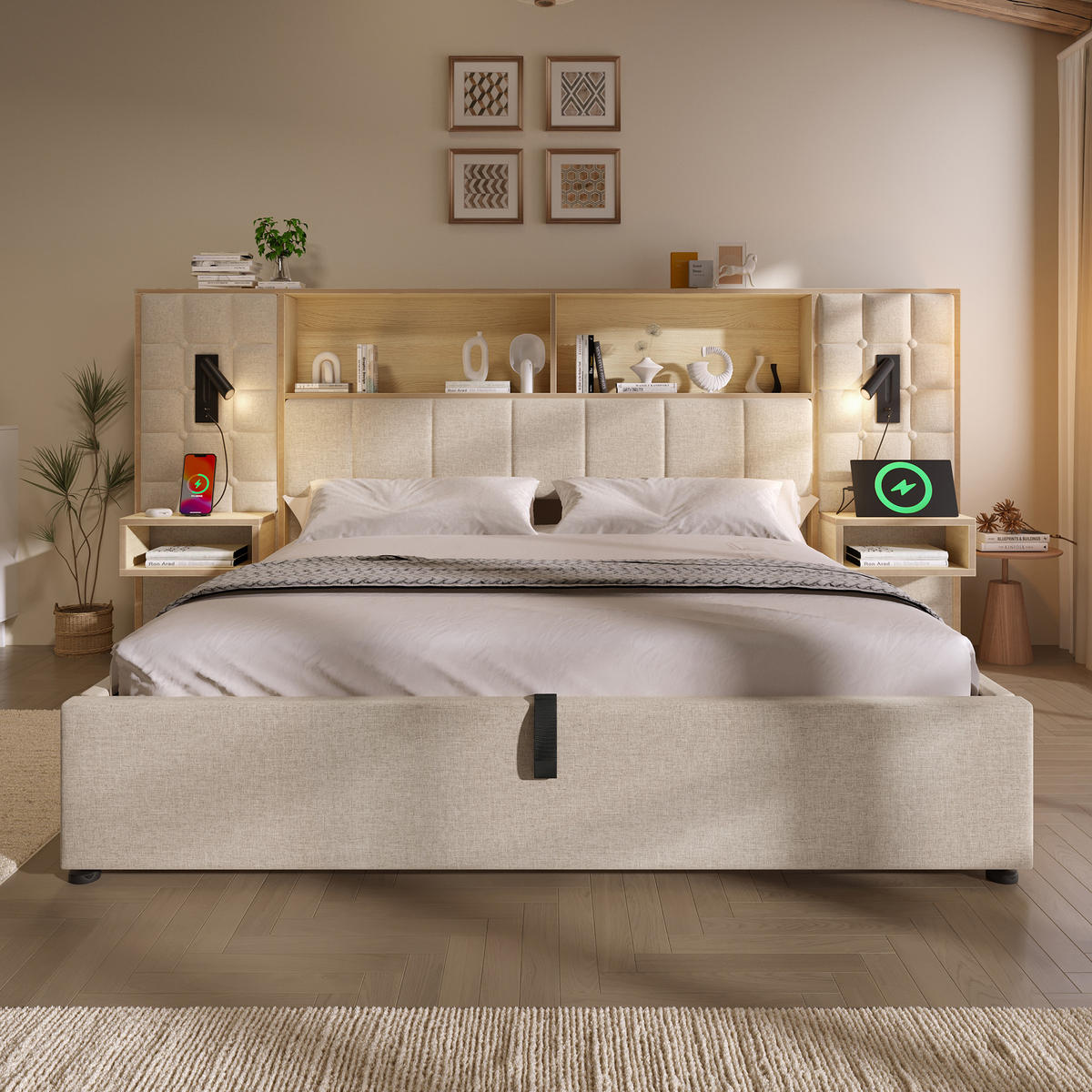 BETT 180/200 cm in Beige mit Bettkasten, LED, Leselampen, USB, Type-C und Nachttischen - Beige, Holzwerkstoff/Textil (180/200cm) - WISHDOR