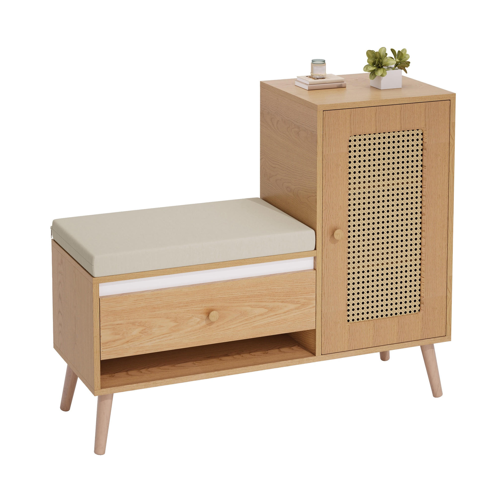 SCHUHSCHRANK Rattan Bank Sitzpolster Schubladen Stauraum - Naturfarben, Holz (95.5/80.5/35cm) - LEBENLANG