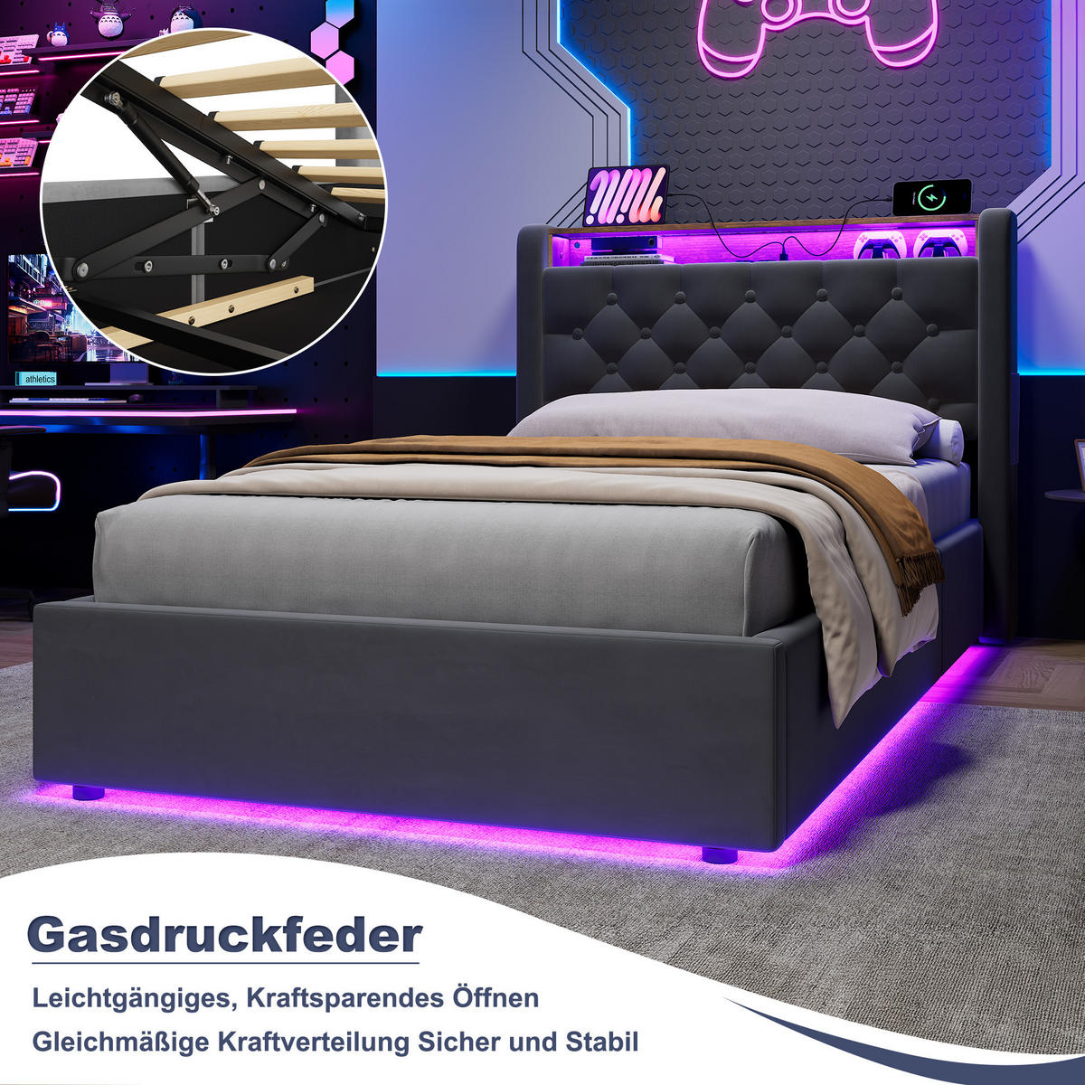 POLSTERBETT 90/200 cm in Dunkelgrau Samt mit Bettkasten, LED-Beleuchtung und USB-Anschluss - Dunkelgrau, Holzwerkstoff/Textil (90/200cm) - CHICFURN