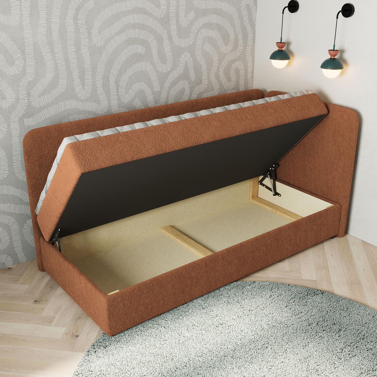 BOXBETT GINA 80x200 cm mit Matratze und Topper, H2+H3 - Kupferfarben - Kupferfarben, Holz (80/200cm) - MASSENO