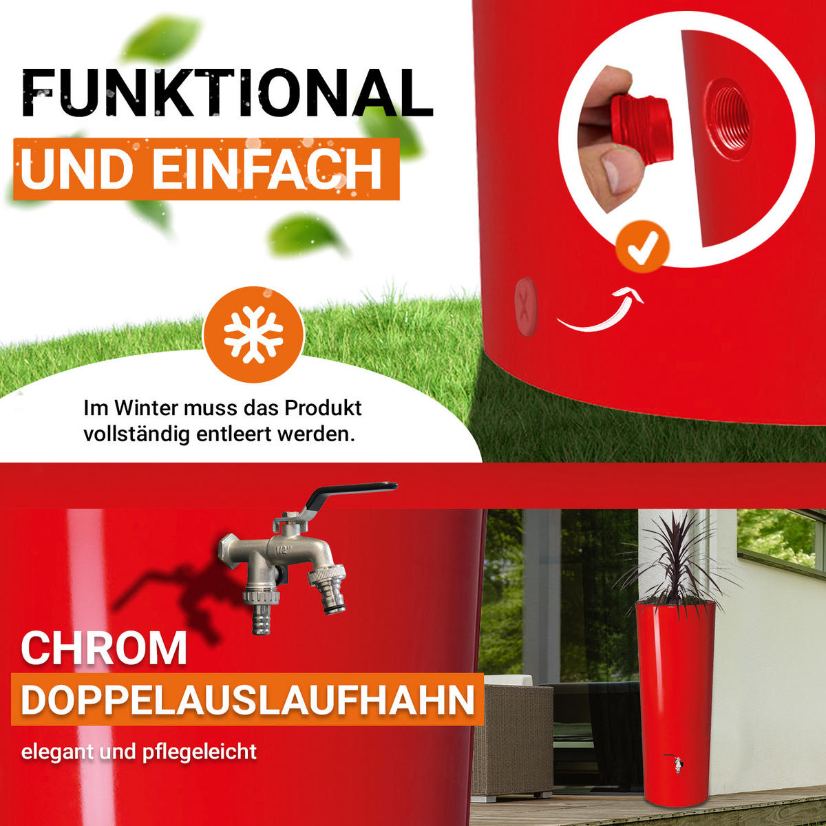 2IN1 Regentonne Komplett-Set 350 L, tomato inkl. Chrom-Doppelauslaufhahn und Fallrohranschluss - Rot, Kunststoff (62/150/80cm) - GARANTIA
