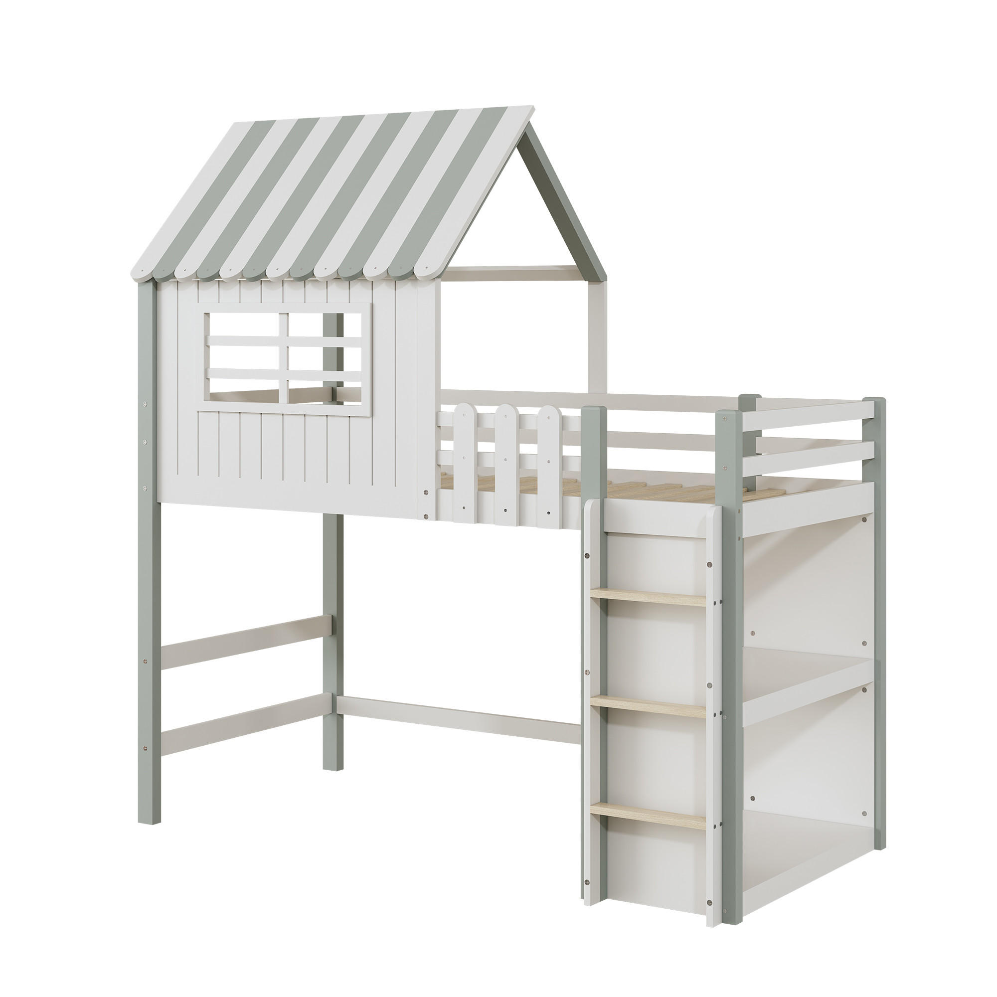 STILVORA KINDERBETT 90/200 cm in Grün Hausbett mit Sicherheitsleiter und Stauraum