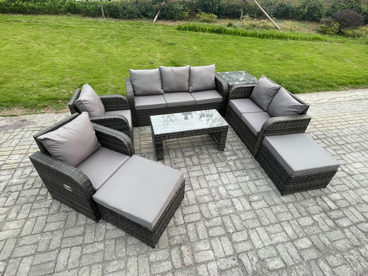 GARTENSOFA SET mit rechteckigem COUCHTISCH Polyrattan 9-Sitzer Dunkelgrau - Dunkelgrau/Grau, Glas/Kunststoff - Fimous