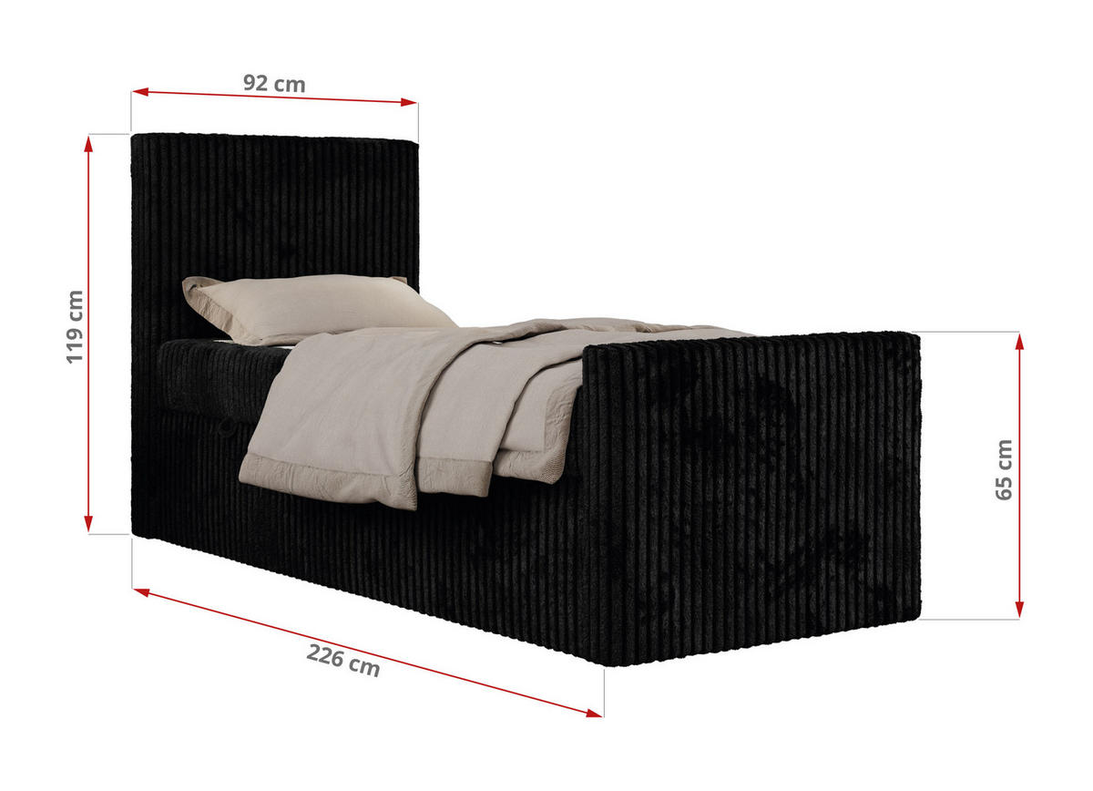 JUGENDBETT TILIO DUO 90/200 - Schwarz Cord - H4 - Rechts Seite - Schwarz, Textil (90/200cm) - MKS
