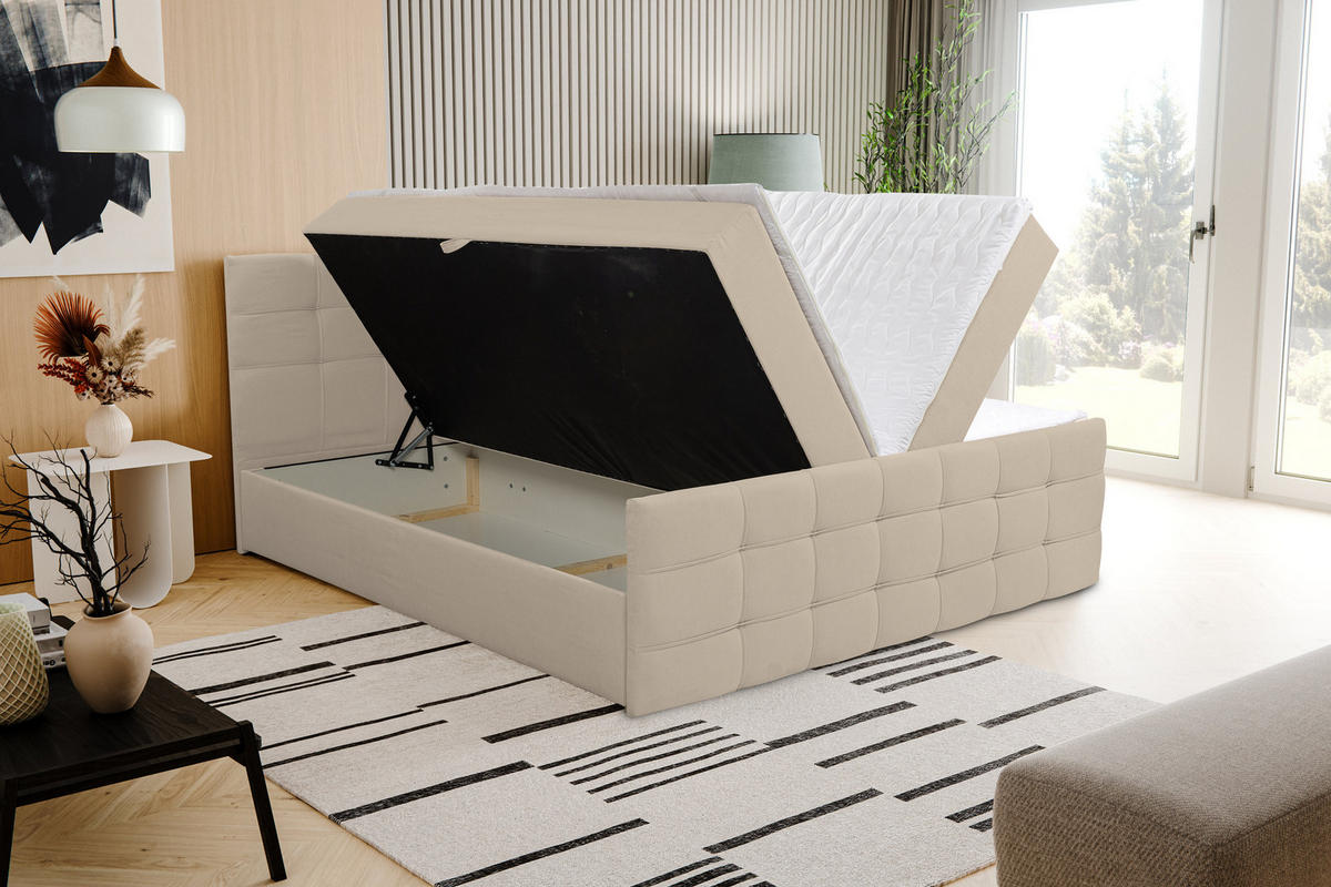 BOXBETT NATALIE mit 2 Bettkästen, 180x200, Farbe: Beige, Velourstoff, mit Bonell-Matratze inkl. Topper - Beige, Holz/Kunststoff (180/200cm) - VENASI MÖBEL