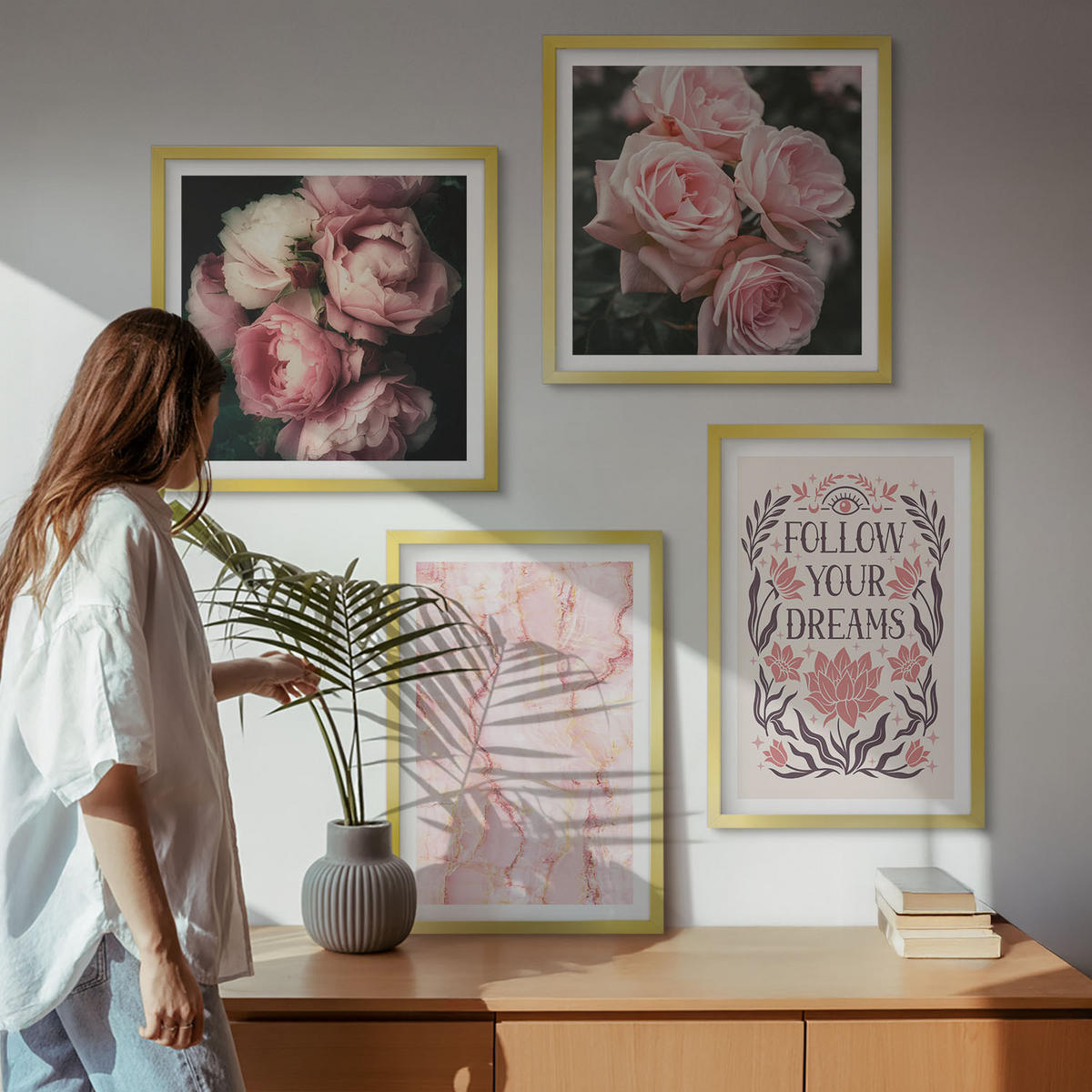 WANDBILDER 4er Set - 50x50 cm & 40x60 cm Goldrahmen - Vintage-Rosen-Marmorträume - Goldfarben, Kunststoff (50/50cm) - ArtPrintCave