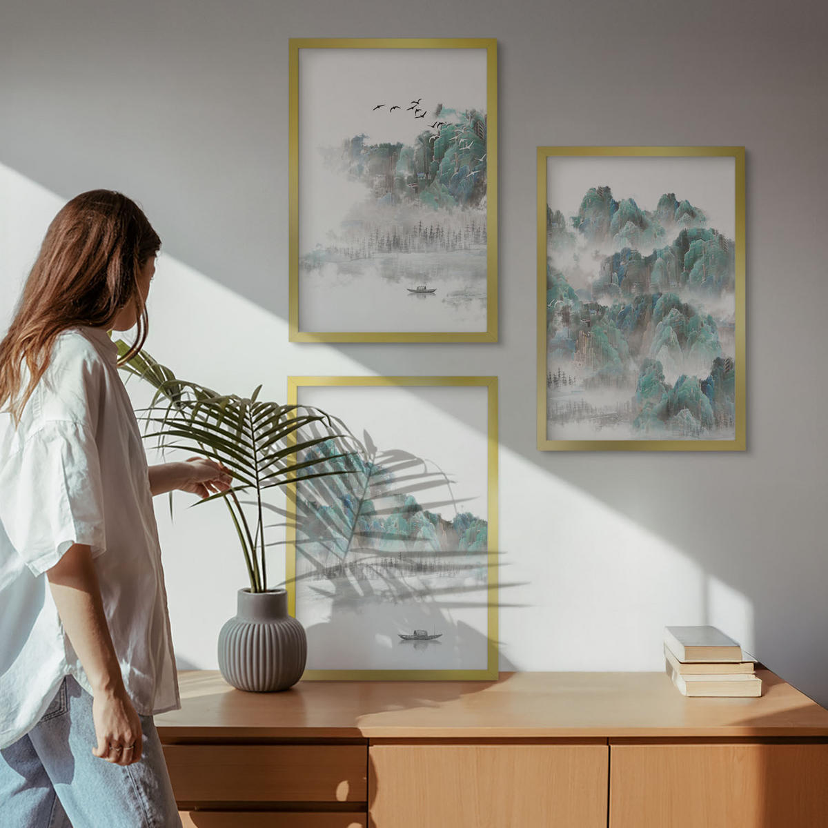 WANDBILDER 3er Set - 40x60 cm Goldrahmen - Berge, Wolken, Vögel, Boot, Japandi - Goldfarben, Kunststoff (40/60cm) - ArtPrintCave