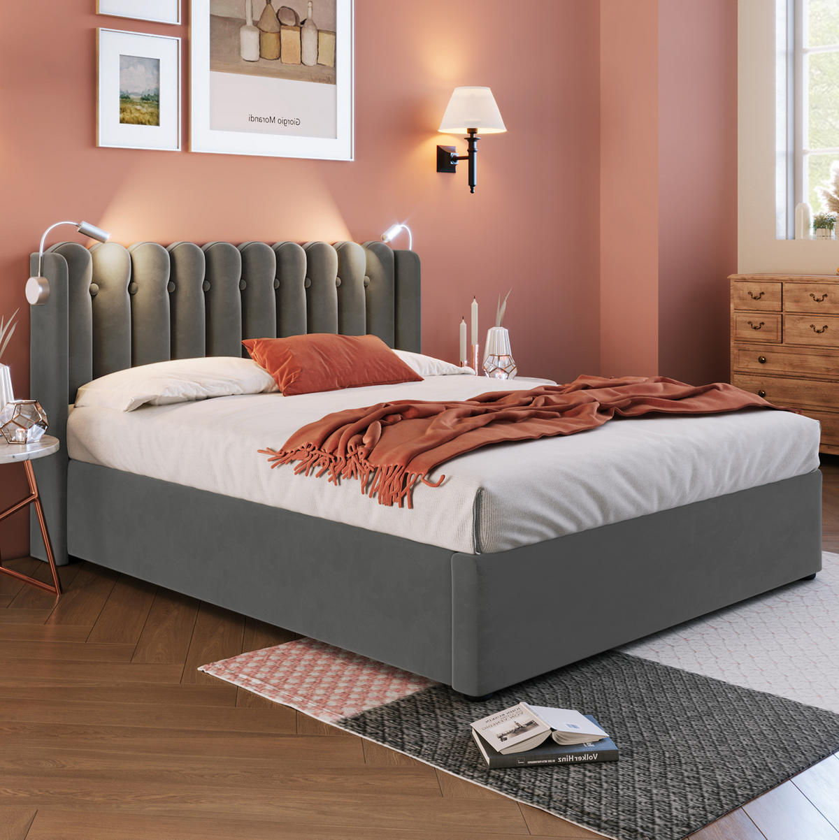POLSTERBETT mit Stauraum, USB und Leselicht 160x200 cm Samt Grau inkl. Matratze - Grau, Metall (160/200cm) - Meubliv