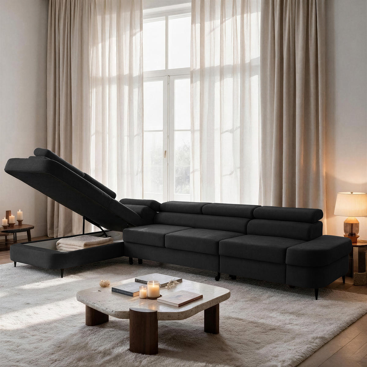 ECKSOFA PRIAM MAXI L-Form Links mit Schlaffunktion 125x195 Velours Anthrazit - Anthrazit/Schwarz, Holz/Textil (203/350cm) - Muffo