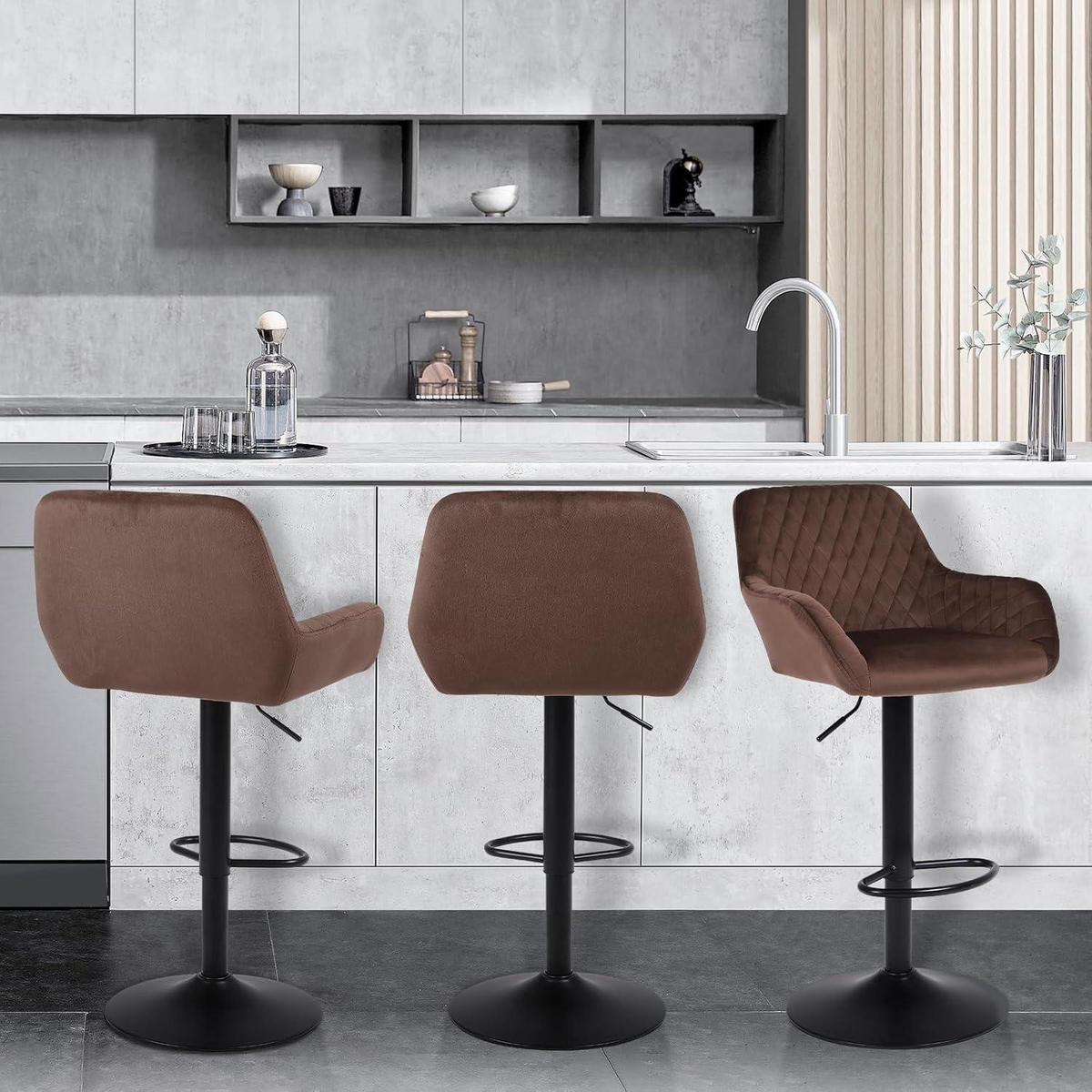 BARHOCKER 3er Set Samt Braun Höhenverstellbar Drehbar - Braun, Textil (51/110/38cm)