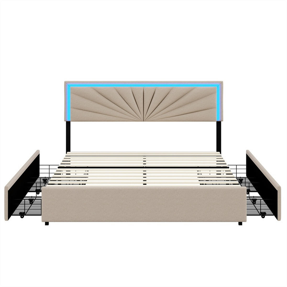 POLSTERBETT 160x200 cm - mit LED-Kopfteilbeleuchtung und 4 ausziehbaren schubladen - ohne Matratze - Beige - Beige, Textil (160/200cm) - DELFA