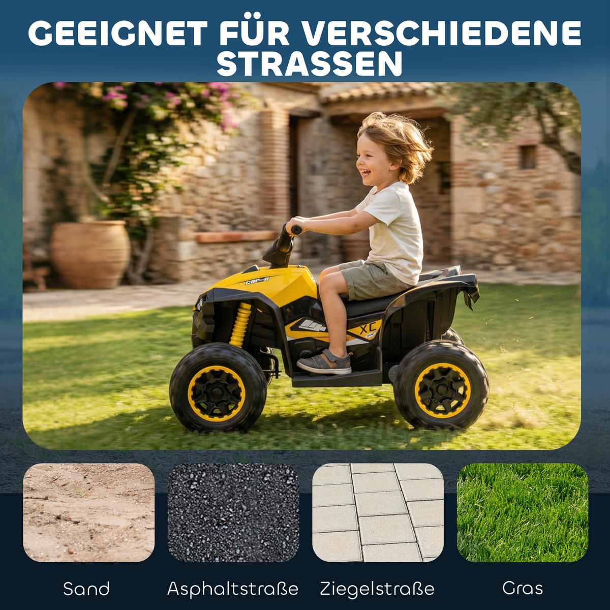 ELEKTRO-KINDERQUAD DE-06075 mit LED und Stoßdämpfern Gelb/Schwarz - Gelb/Schwarz, Kunststoff/Metall (83/53/55.5cm) - ComfortXL