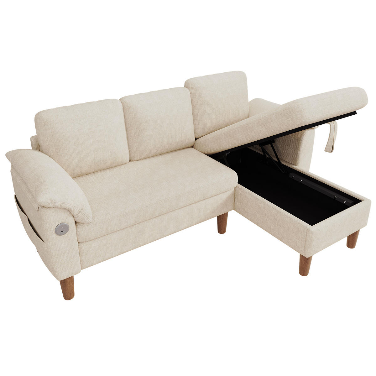ECKSOFA 181/125/88 cm Beige mit Stauraum-Chaiselongue und USB/Type-C-Ladeanschluss - Beige, Textil (181/125cm) - Oxeza