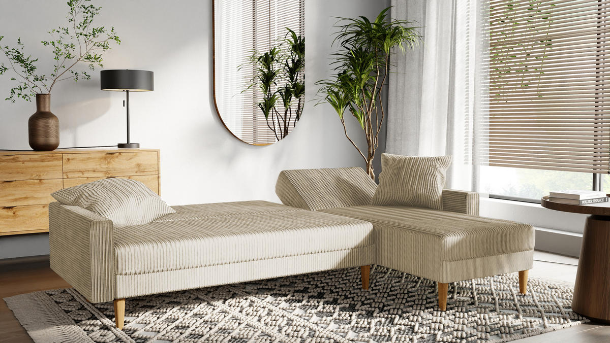 ECKSOFA mit Schlaffunktion L-Form, Beige - Beige, Holzwerkstoff/Textil (256/134cm) - Idohome