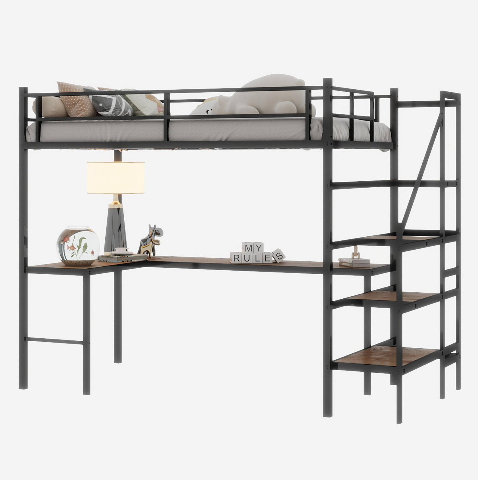 HOCHBETT 90/190 cm aus Eisen mit L-förmigem Schreibtisch und Stauraumtreppe Schwarz - Schwarz, Metall (90/190cm) - Modenvie