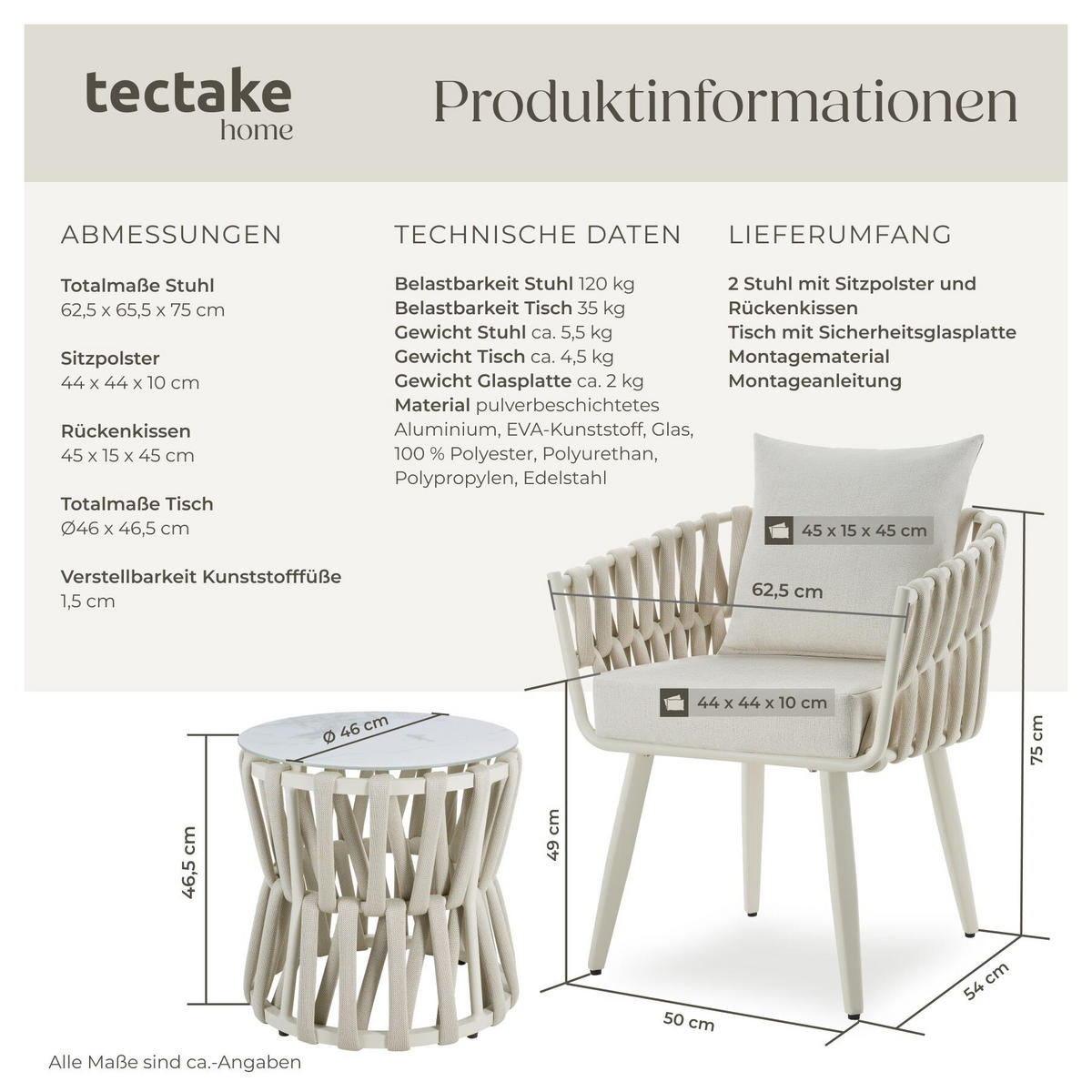 GARTENLOUNGE-SET ALUMINIUM Lugano, höhenverstellbare Kunststofffüße, Sicherheitsglasplatte, beige - Beige, Kunststoff - tectake