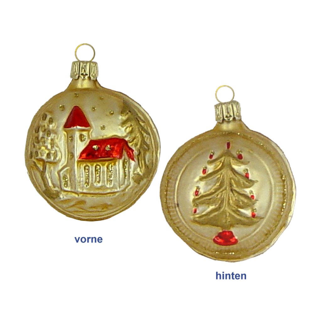 CHRISTBAUMSCHMUCK Kleiner Taler mit Kirche messinggold 5cm - Multicolor, Metall (0.1/5/0.1cm)
