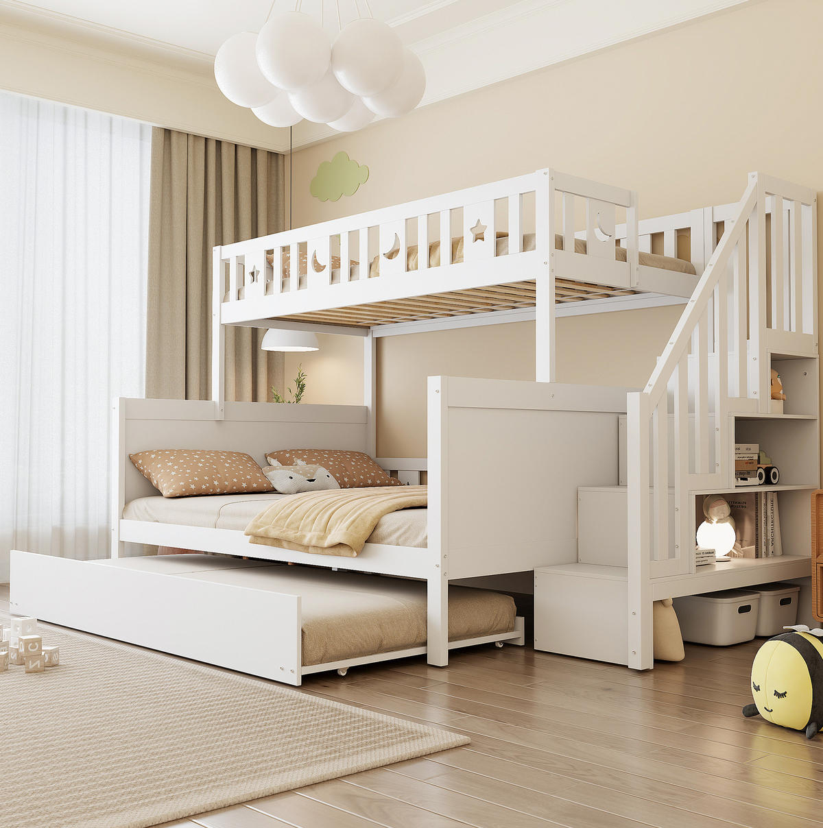 PATROVÁ postel 90/200 cm a 140/200 cm bílá s úložným prostorem a bezpečnostními schůdky - bílá, dřevo (90/200cm) - OKWISH