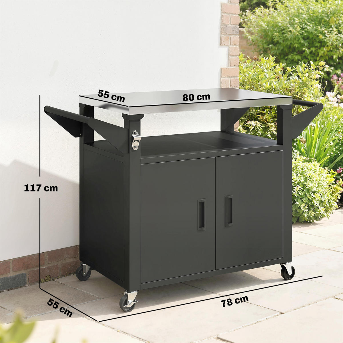 GRILLWAGEN Metall Edelstahl Schwarz - Schwarz, Metall (55/78/117cm) - Outsunny