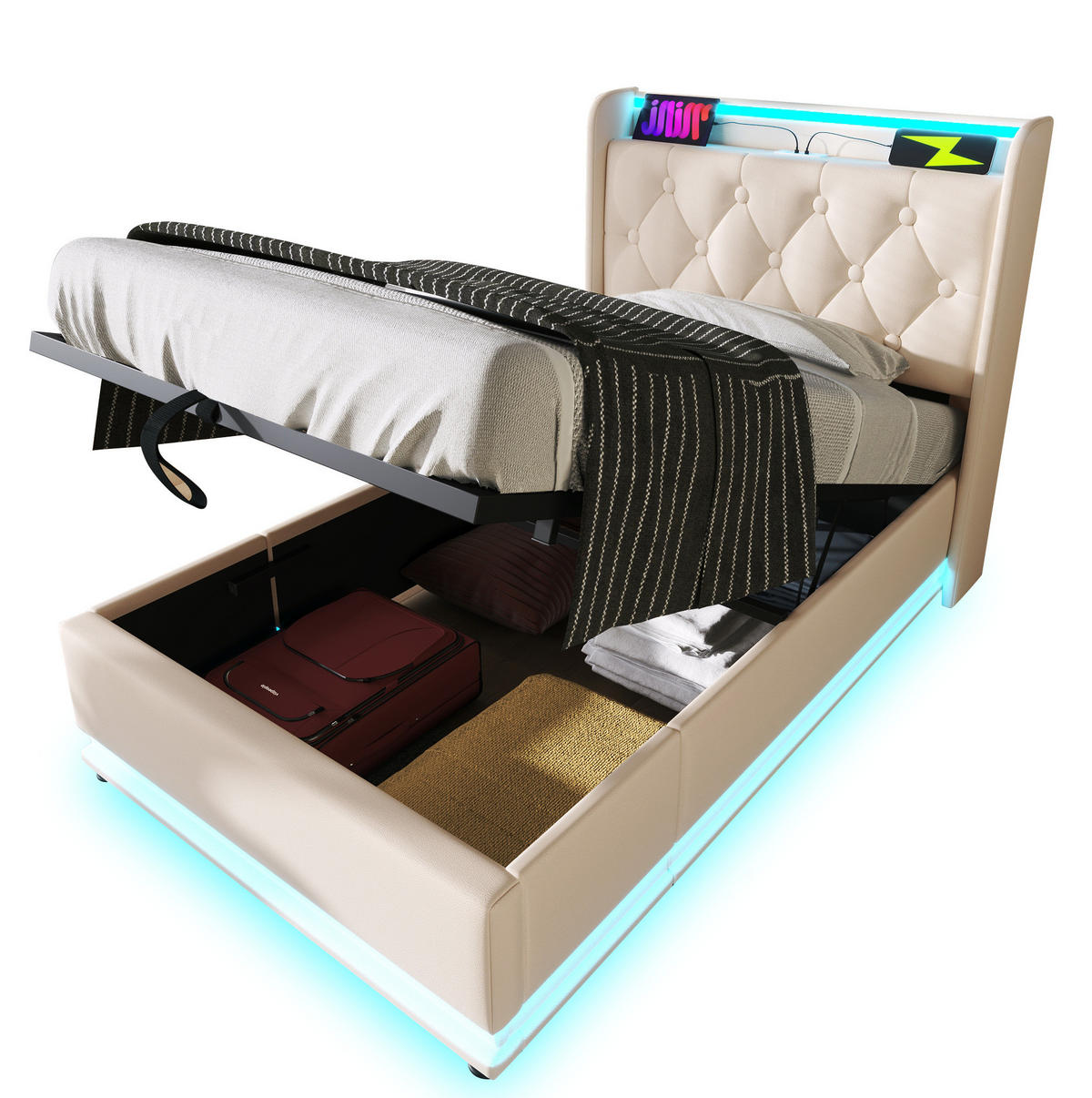 POLSTERBETT aus PU 90x200 cm in Weiß mit LED-Beleuchtung & Matratze - Weiß, Leder (90/200cm) - Modfu