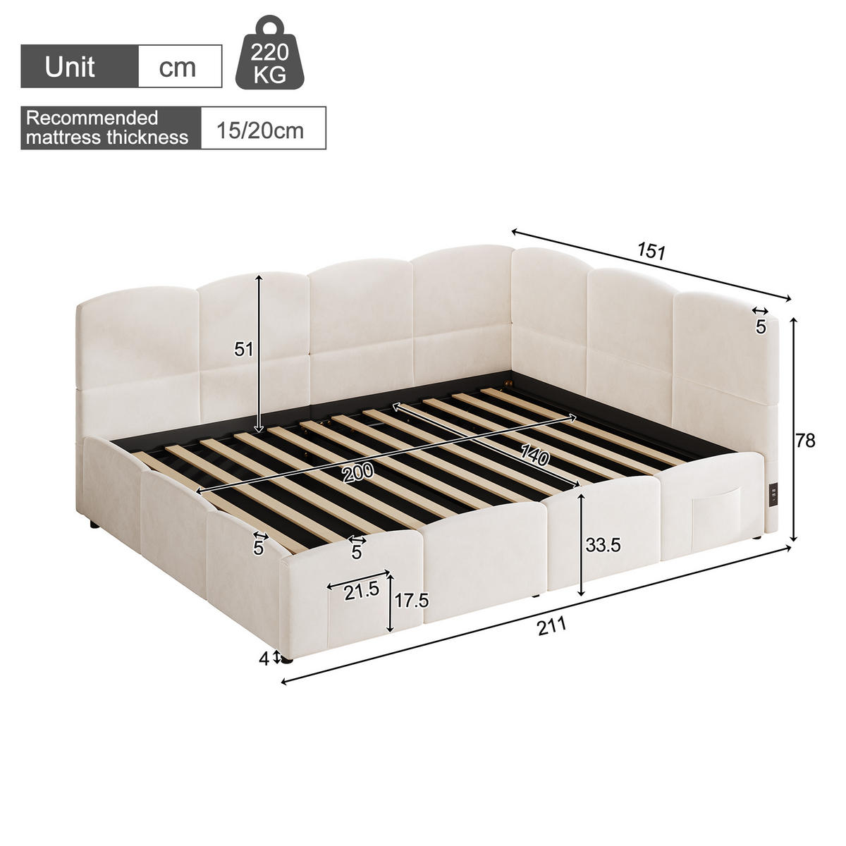 KINDERBETT Beige Samt 140x200 USB Stauraum Lattenrost - Beige, Textil (140/200cm) - FLIEKS