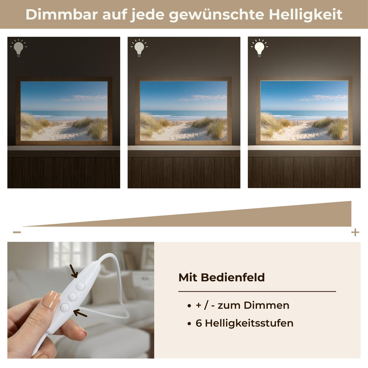 NÁSTĚNNÁ LAMPA Pláž - moře - duny - písek - léto 30x20 cm - písková barva, kompozitní dřevo (30/20/8cm) - OnlyWow