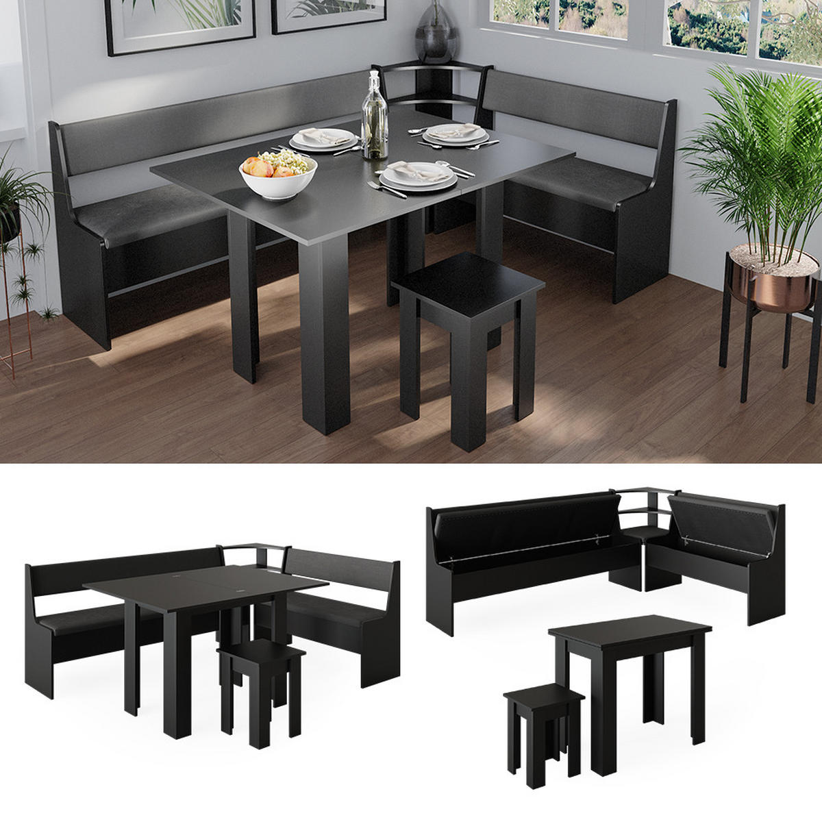 ECKBANKGRUPPE Roman Schwarz 150 x 41.5 cm mit Tisch - Edelstahlfarben/Schwarz, Holzwerkstoff (210/80/150cm) - Vicco
