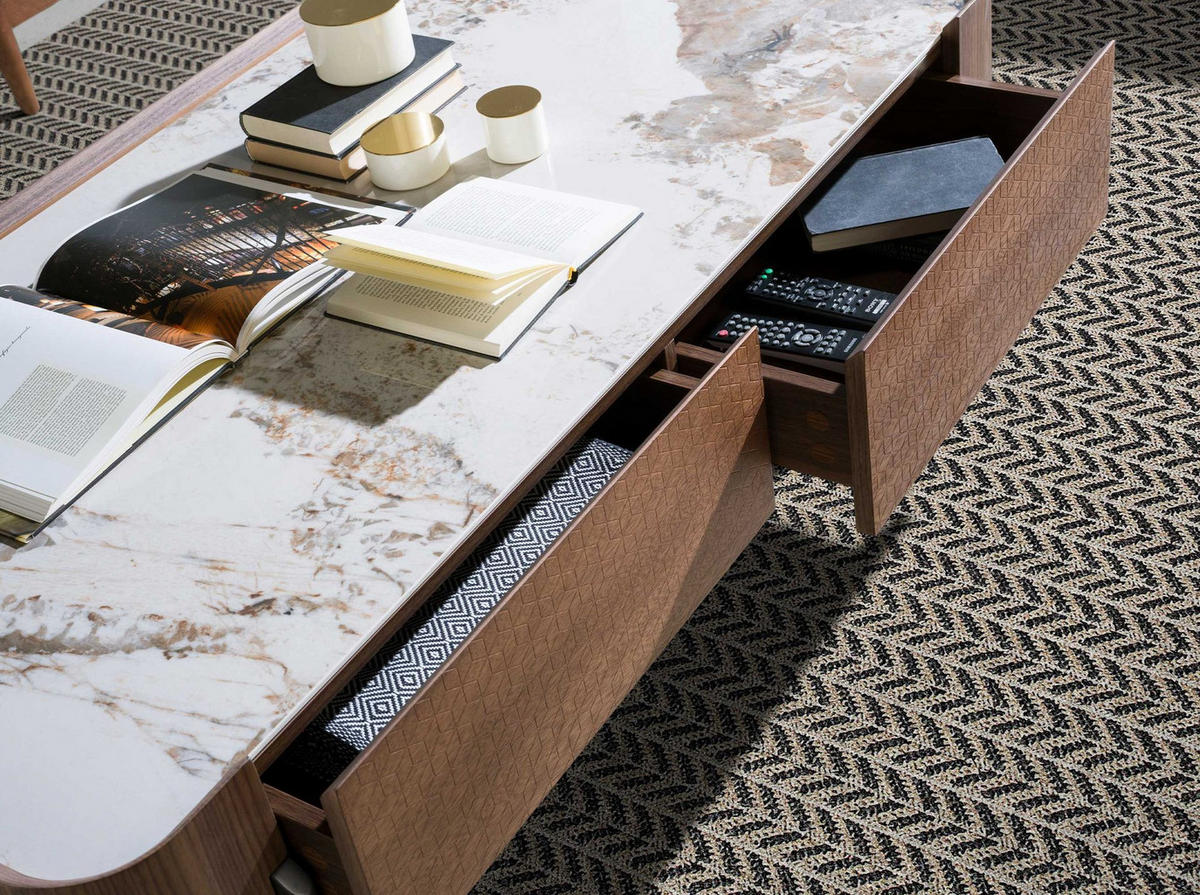 COUCHTISCH Rechteckiger Couchtisch aus Porzellanmarmor, Nussbaum und dunklem Metallic-Stahl 140/75/40 cm - Walnussfarben/Weiß, Holz (75/140/40cm) - ANGEL CERDA