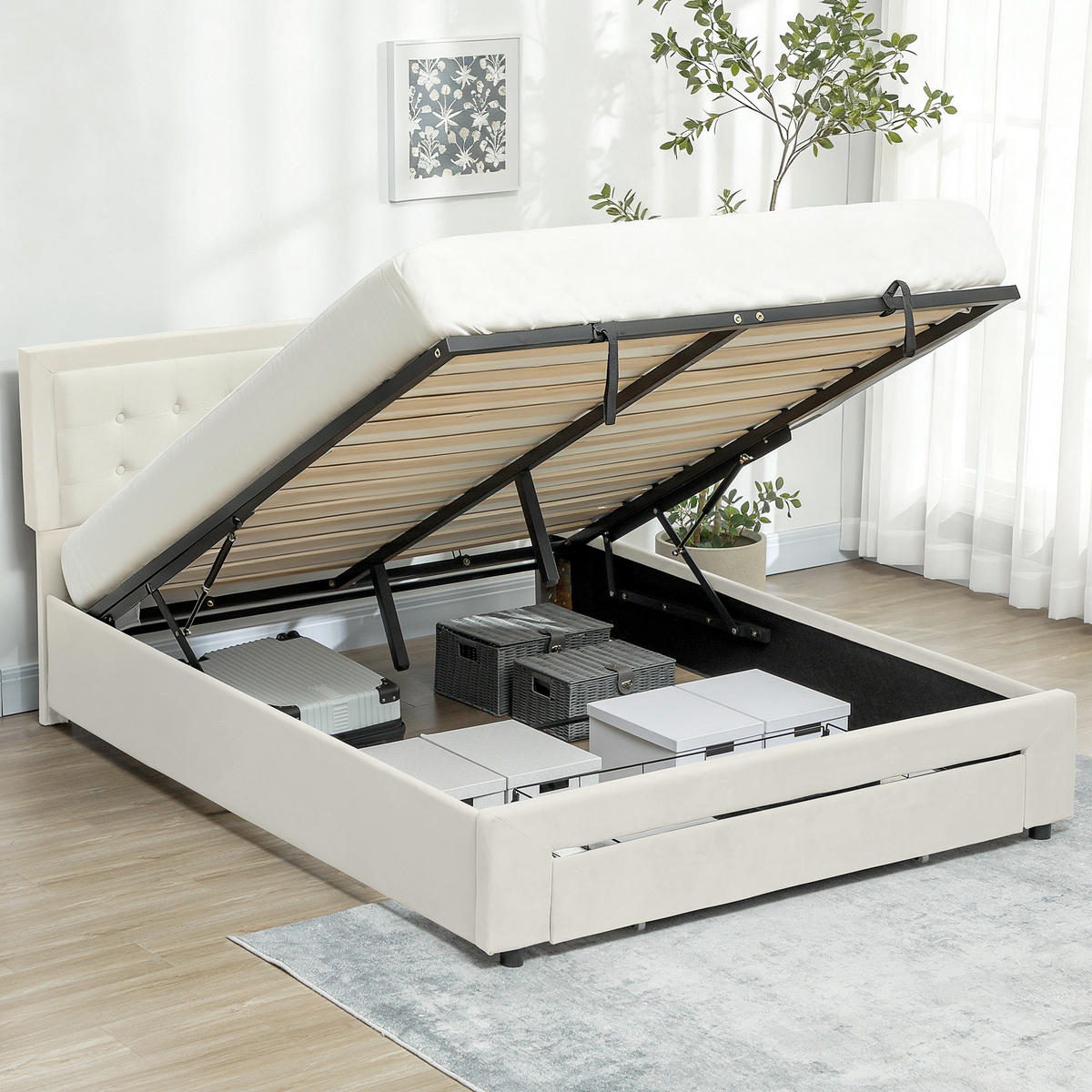 BETT 140x200 cm DE-14662 mit Gasdruckfedern & Schublade Creme - Creme, Holzwerkstoff (140/200cm) - ComfortXL