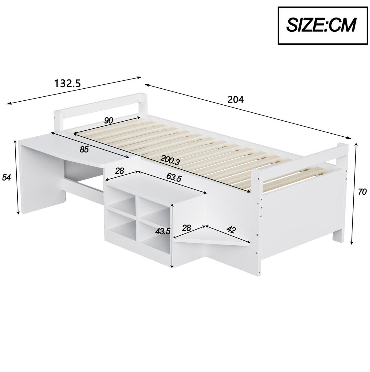 KINDERBETT aus Kiefernholz 90x200 cm Weiß mit Schreibtisch, USB-Anschlüssen, Steckdose und Stauraumschränken - Weiß, Holzwerkstoff (90/200cm) - Modfu