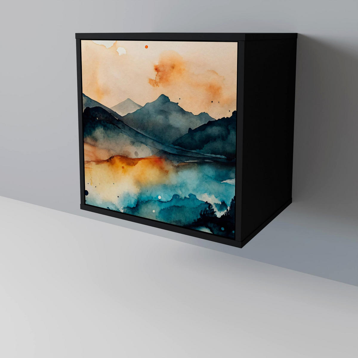 SIDEBOARD OMINOUS MOUNTAINS, Schwarz, 57,5x42x67,5 cm, Schwarze Metall-Rahmenfüße - Multicolor/Schwarz, Holzwerkstoff/Metall (57.5/67.5/42cm) - SpaceRebels