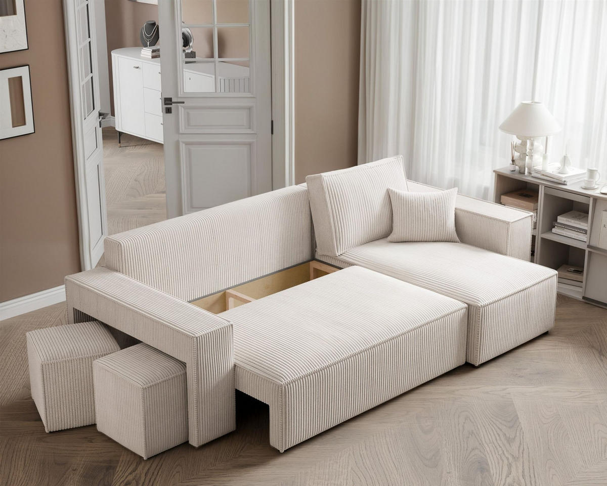 ECKSOFA Adara Inkl. Hocker - Weiß, Holzwerkstoff/Textil (145/262cm) - Fun Möbel