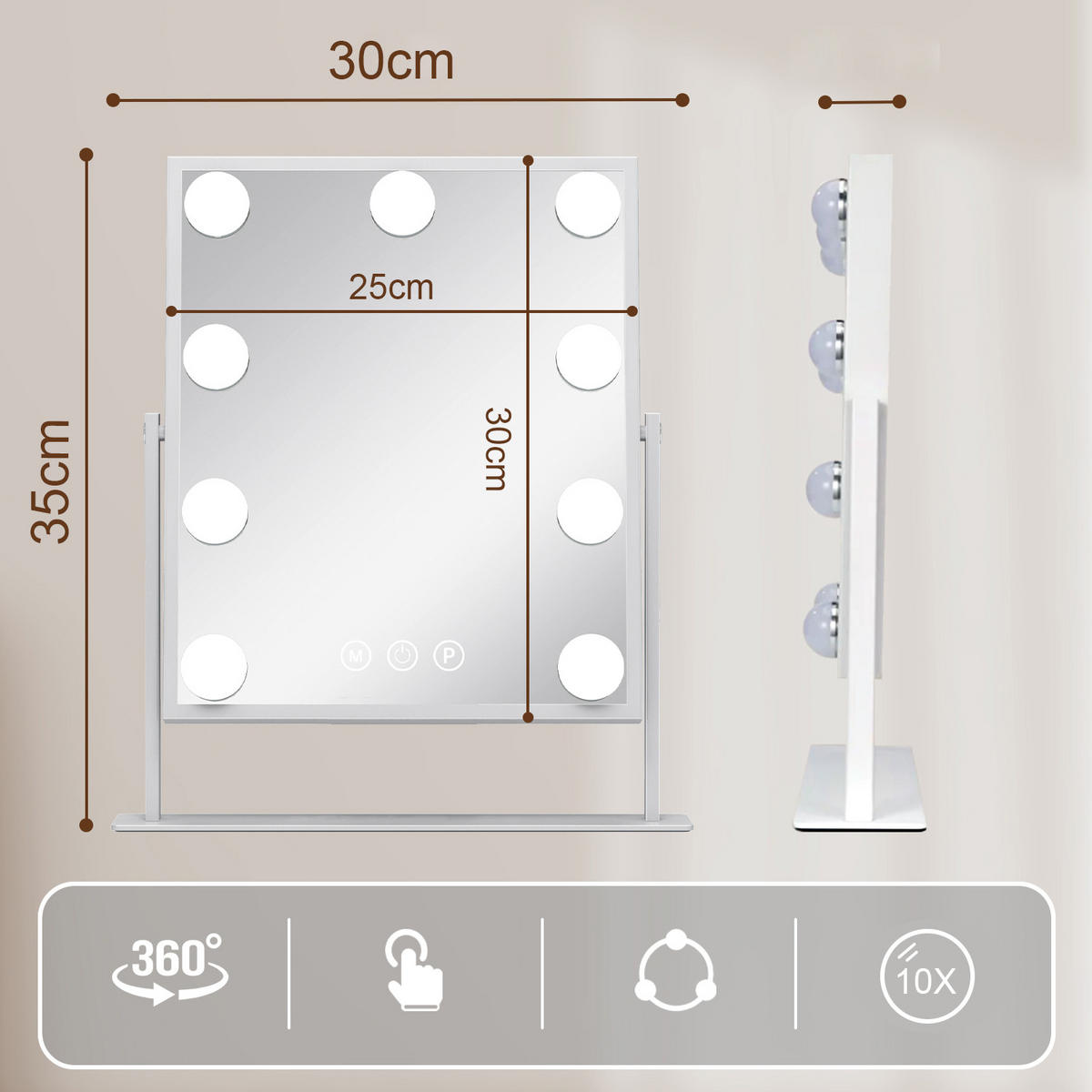 SCHMINKSPIEGEL mit LED-Beleuchtung weiß 25/30 cm - Weiß, Metall (25/30/3cm) - VANITII