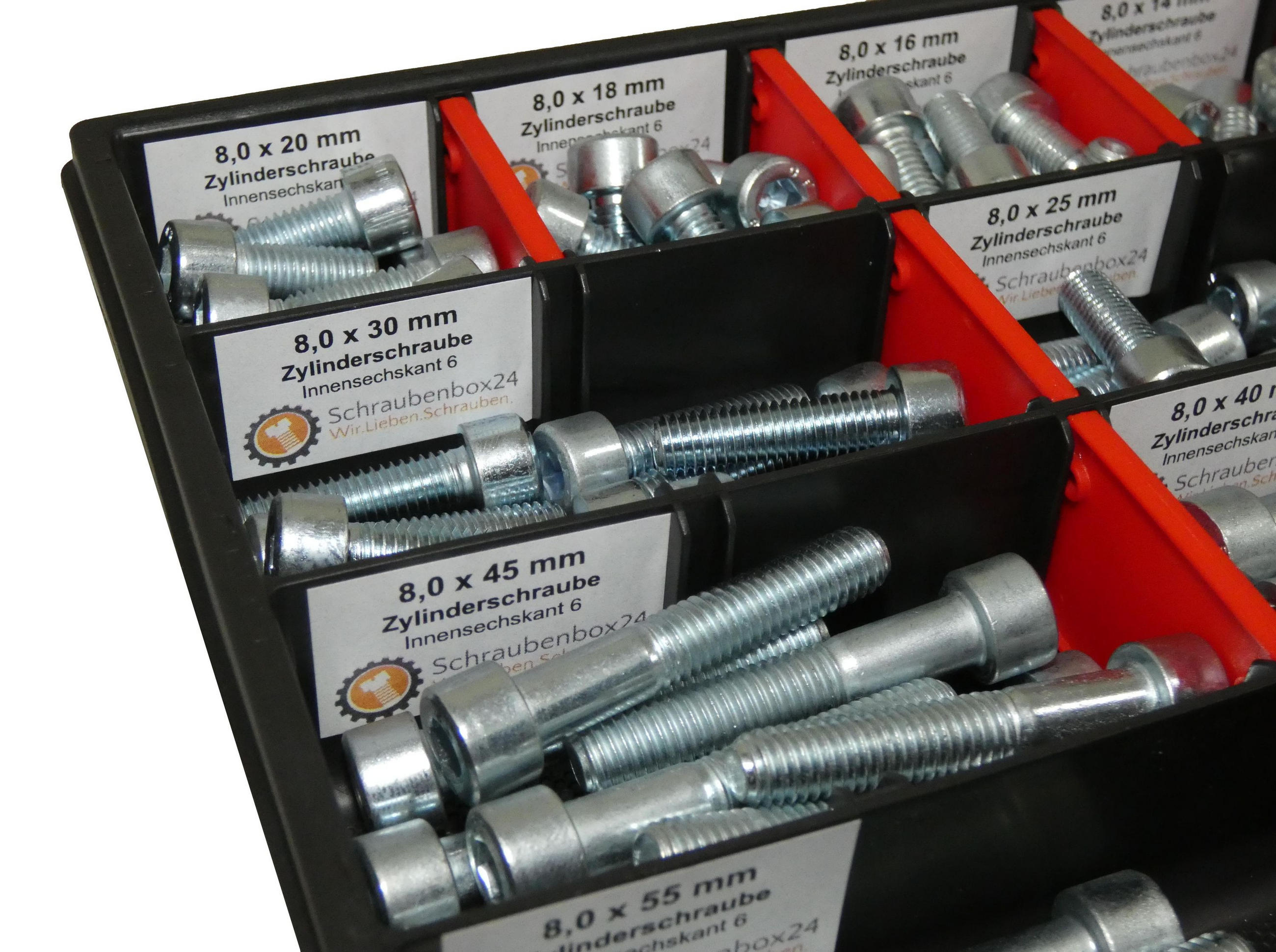 ZYLINDERSCHRAUBEN Sortiment M8 // 10mm-55mm 130 tlg Schraubenbox DIN 912 / ISO 4762 - Zinkfarben, Metall (8/3.5cm) - Schraubenbox24