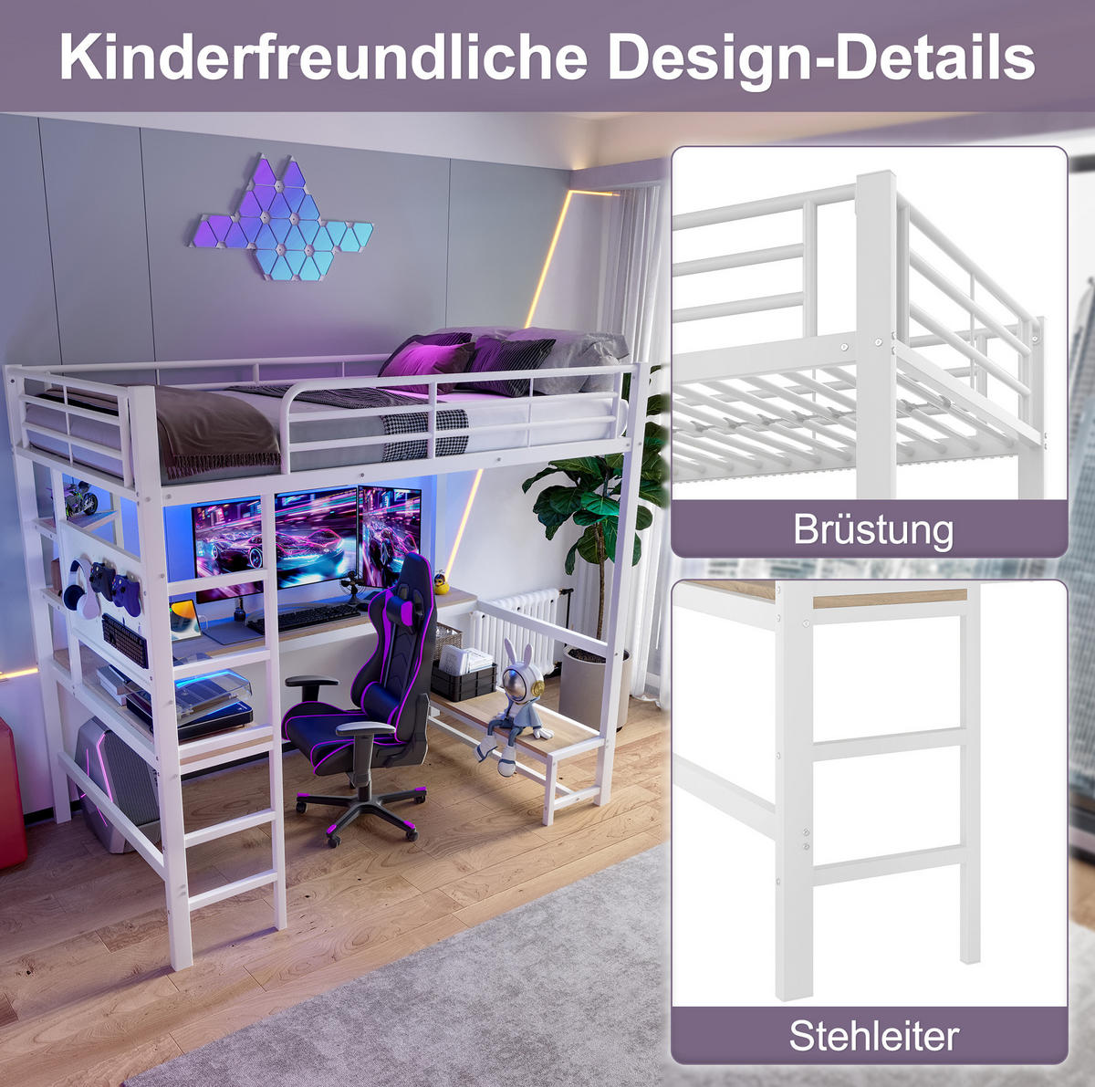 HOCHBETT 90/200 cm, Weiß mit Schreibtisch, LED und USB-C - Weiß, Metall (90/200cm) - MIVRAY