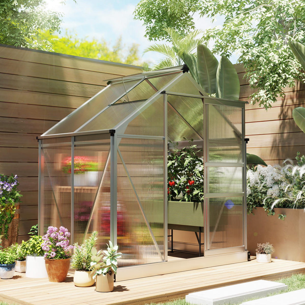 GEWÄCHSHAUS Aluminiumlegierung Polycarbonat Silber - Silberfarben, Metall (132/201/190cm) - Outsunny