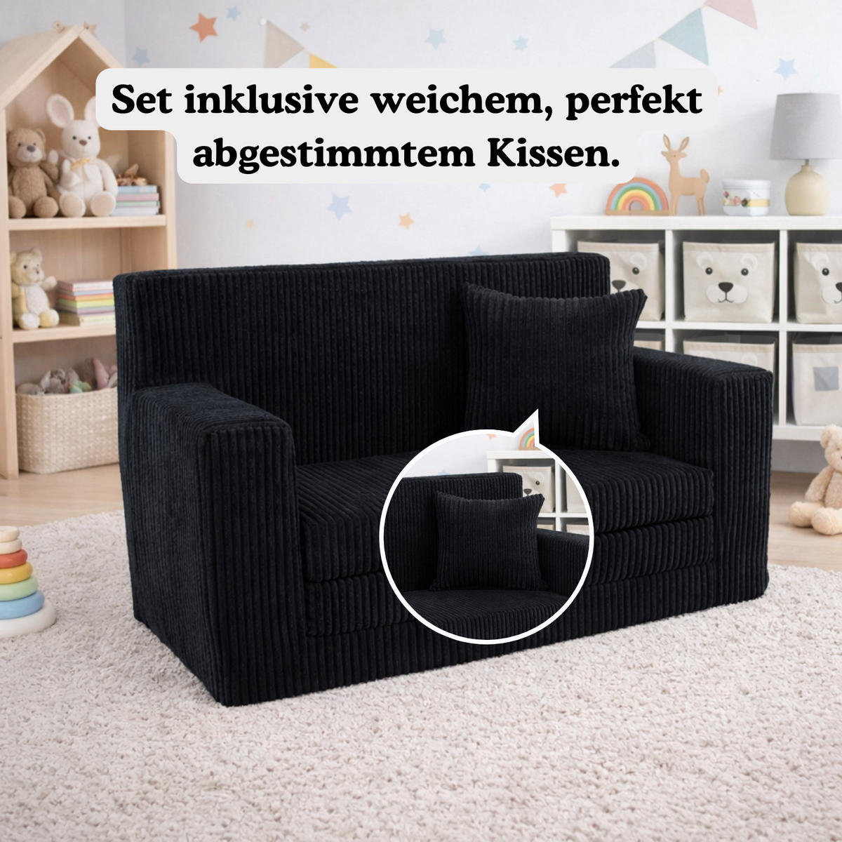 KINDERSOFA aus Kuschel-Cord in Schwarz - Schwarz, Textil (83/47/43cm) - Fortisline