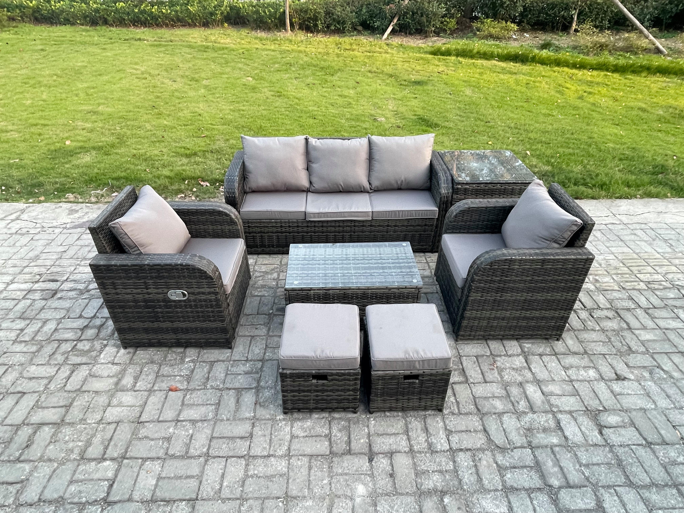 GARTENMÖBELSET mit Couchtisch Polyrattan 7-Sitzer - Dunkelgrau/Grau, Glas/Kunststoff - Fimous