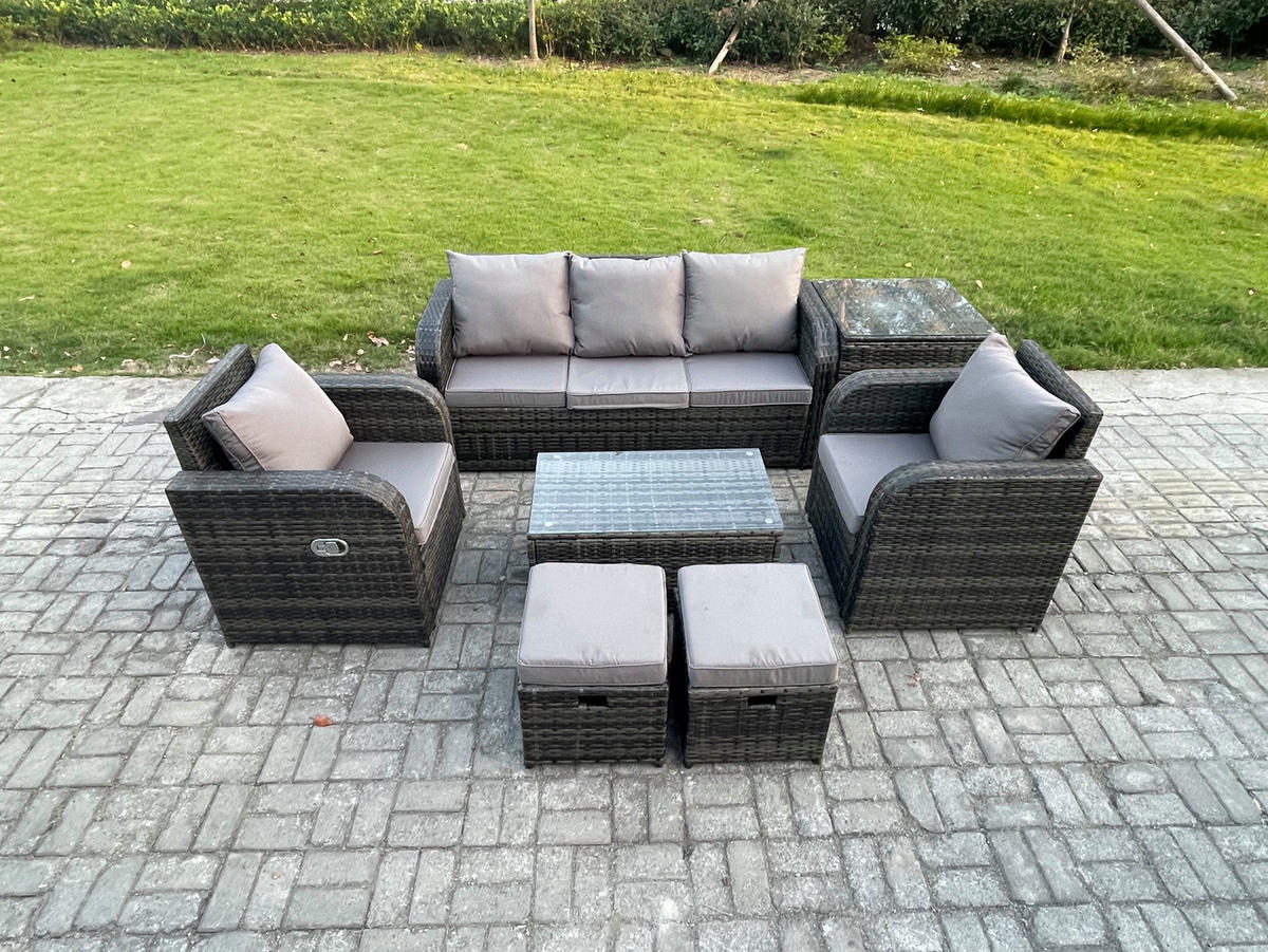 GARTENMÖBELSET mit Couchtisch Polyrattan 7-Sitzer - Dunkelgrau/Grau, Glas/Kunststoff - Fimous