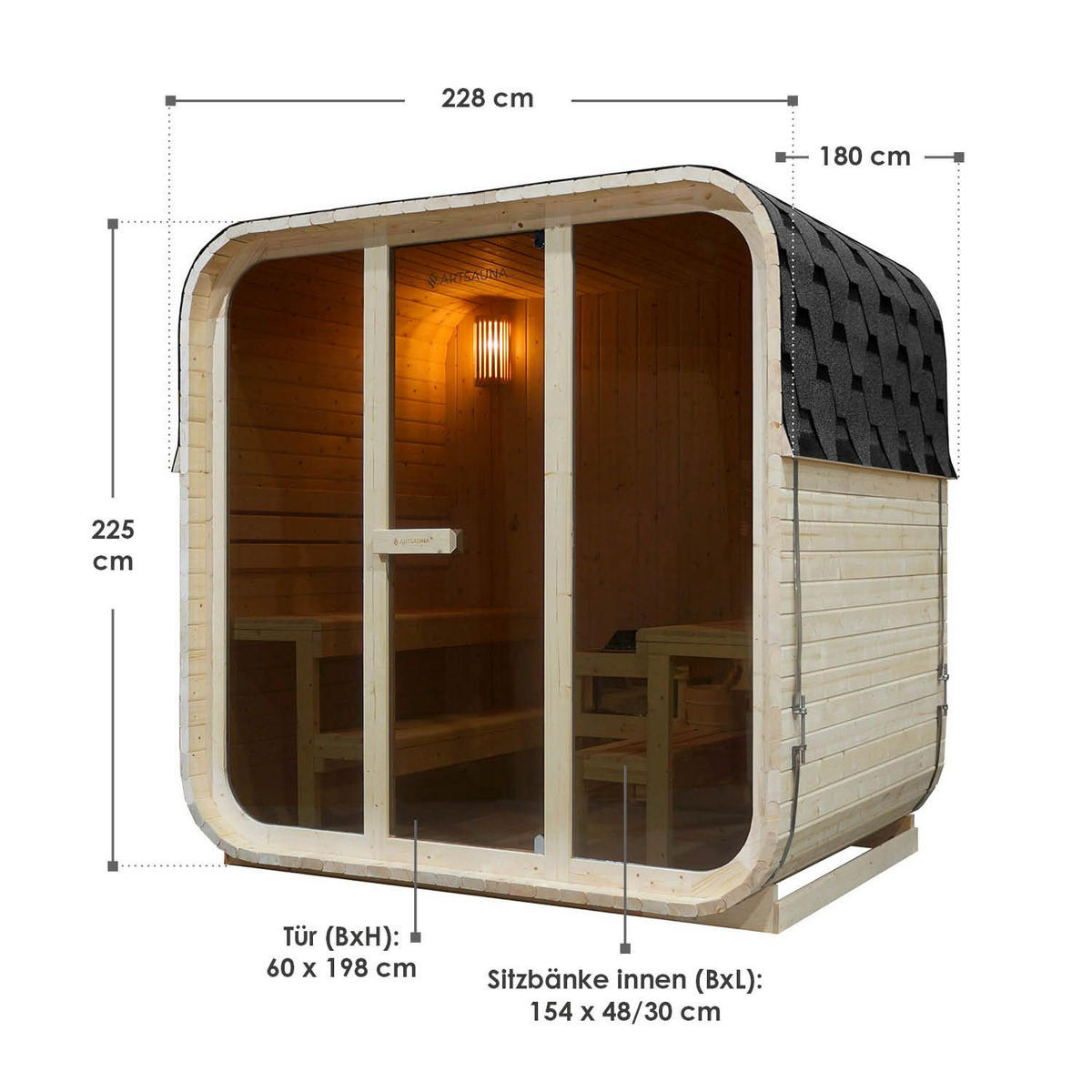 FASSSAUNA Fjora mit 9 kW Saunaofen (6 Personen) - Naturfarben, Holz (228/225/180cm) - Artsauna