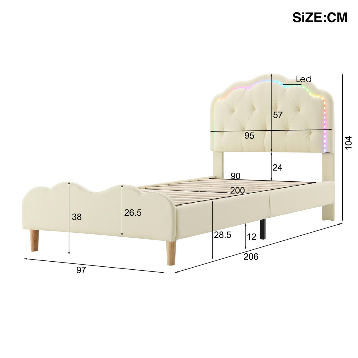 POLSTERBETT 90x200 cm mit Wellen-Kopfteil, LED, Weiß - Weiß, Holz (90/200cm)