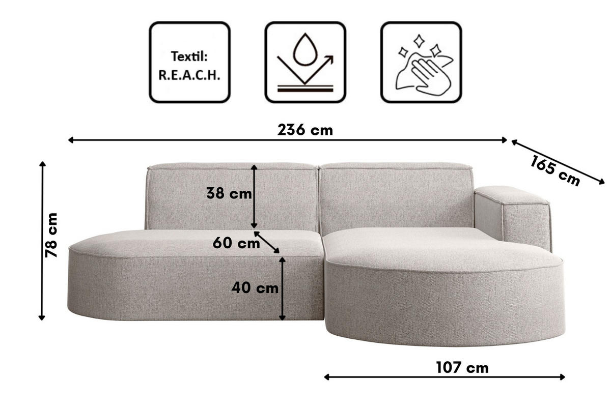 ECKSOFA MODENA L STUDIO Stoff Verita Beige Rechts - Beige, Holz (236/165cm) - Kaiser Möbel