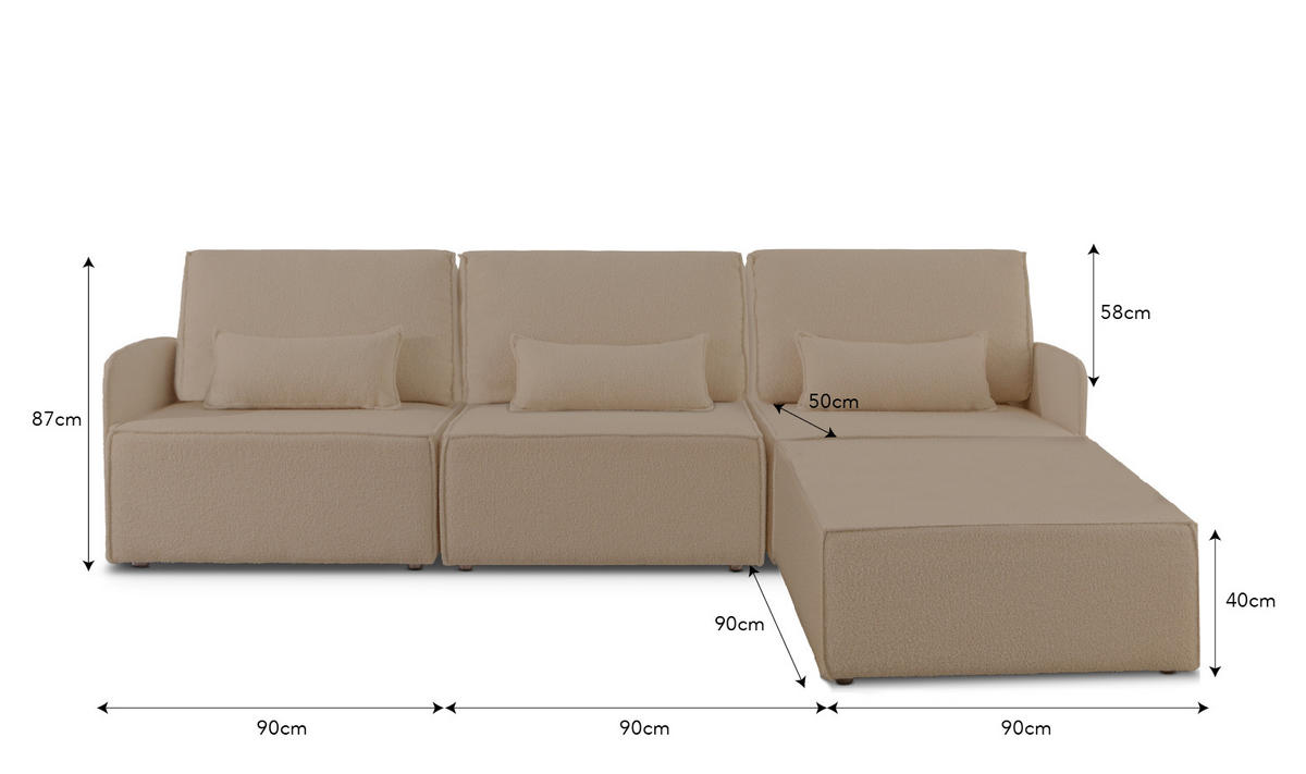 3-SITZER-SOFA Chaiselongue bezogen Bouclé und Kiefernholz Stein LEA - Braun, Textil (278/87/90cm) - RNT By Really Nice Things
