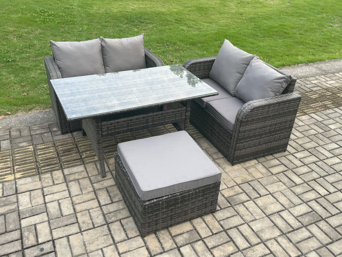 GARTENSET mit Zweisitzer,Hocker,Esstisch Polyrattan 5-Sitzer - Dunkelgrau/Grau, Glas/Kunststoff - Fimous