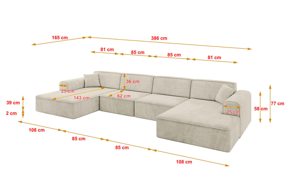 WOHNLANDSCHAFT IREA-U2-v3 386x165x77 Beige Samt - Kaschmir/Schwarz, Holzwerkstoff/Kunststoff (386/77/165cm) - ALTDECOR