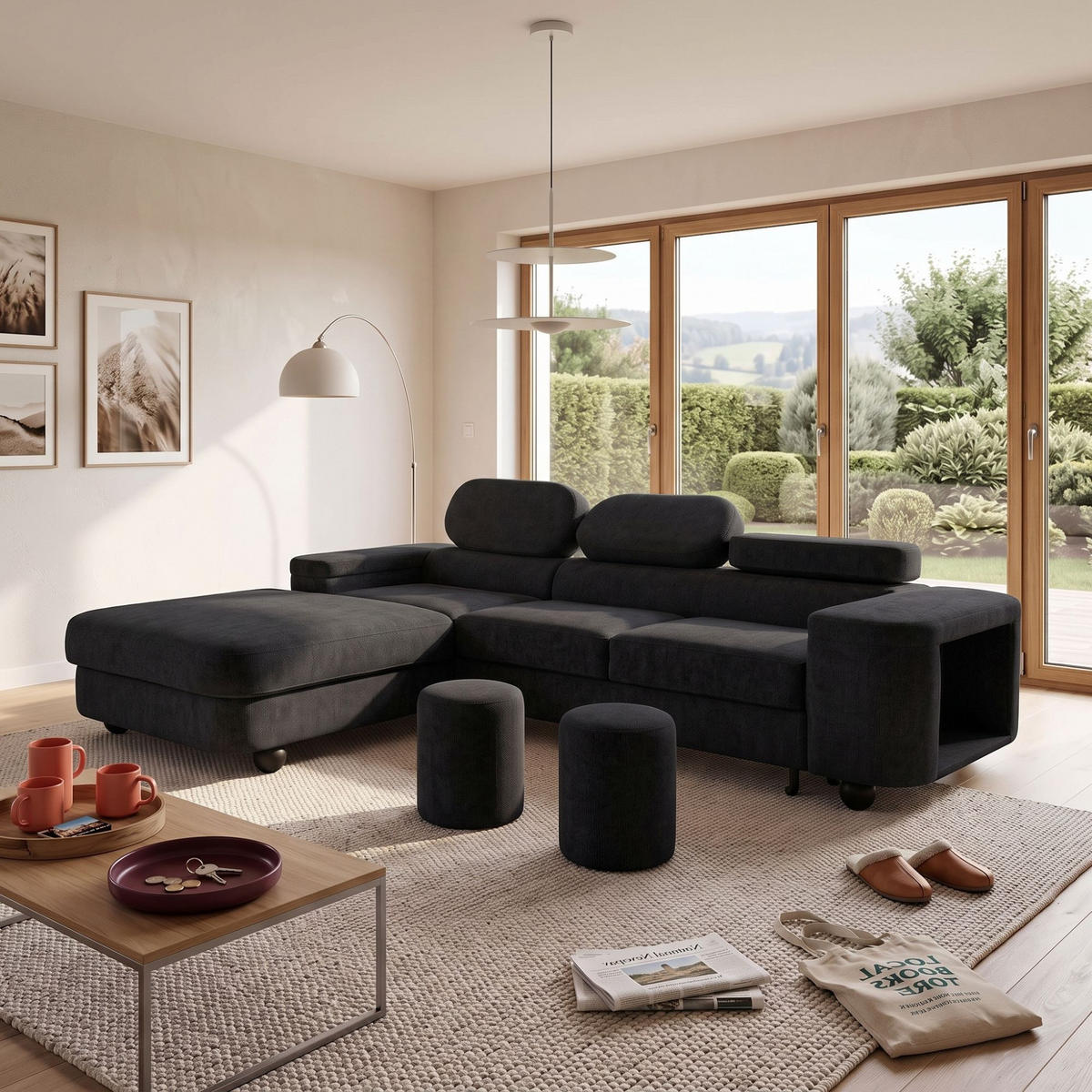 ECKSOFA LOVE L Links mit Schlaffunktion 124x210 Chenille Schwarz - Schwarz, Holz/Textil (284/205cm) - Muffo