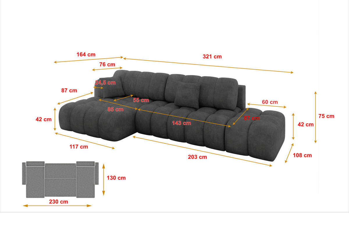 ECKSOFA mit Schlaffunktion Ottomane Links OLEA-L2 321x164x75 Dunkelgrau Velours - Dunkelgrau/Schwarz, Holzwerkstoff/Kunststoff (321/164cm) - ALTDECOR