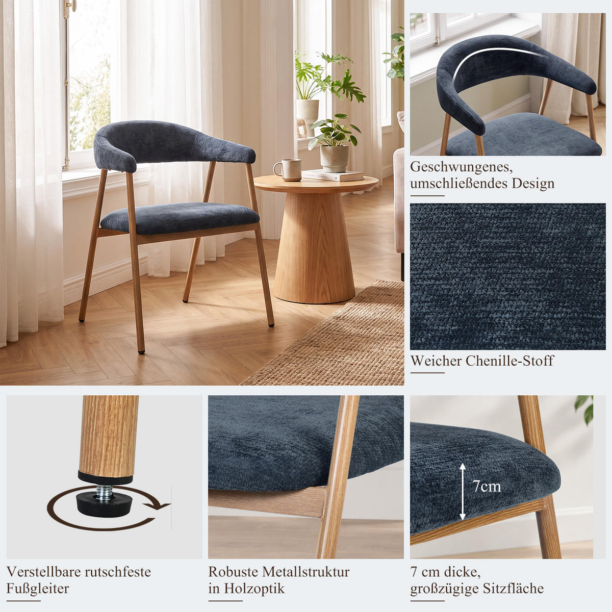 ESSZIMMERSTÜHLE 2er-Set, gepolstert, Chenille, Metallbeine in Holzoptik, Blau - Blau, Textil (61/80.5/59cm) - Meubles Cosy