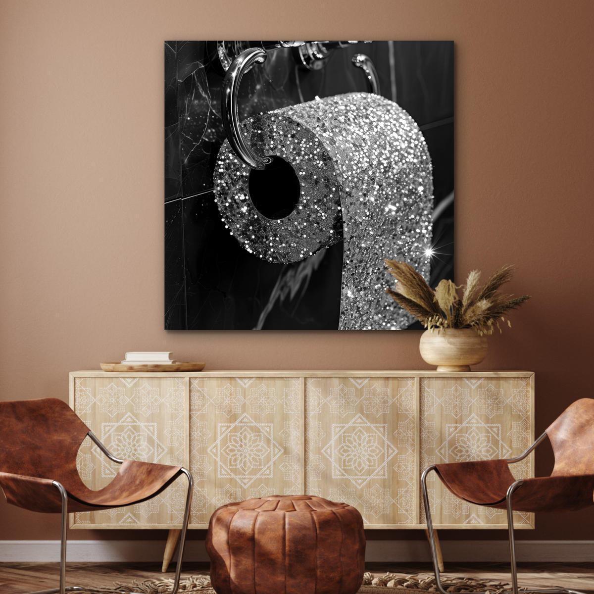 KOVOVÝ OBRAZ WC - toaletný papier - čiernobiely - trblietky 90x90 cm - strieborná, kov (90/90cm) - MuchoWow